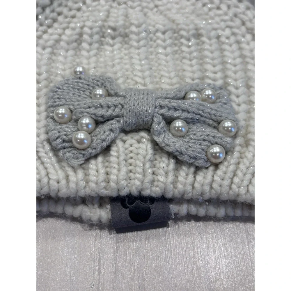 Disney Parks Adult Cream Knit Beanie Hat‎ Faux Fur Pom Poms Bow One Size